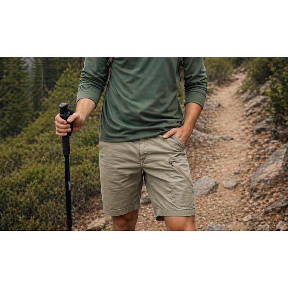 Men 32 Khaki Organic Cotton Utility Hiking Shorts Fair Trade‎ Tan Chino Gorpcore